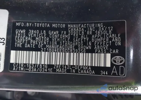 2012 Toyota Corolla Le from USA, damaged, VIN 2T1BU4EE5CC839256